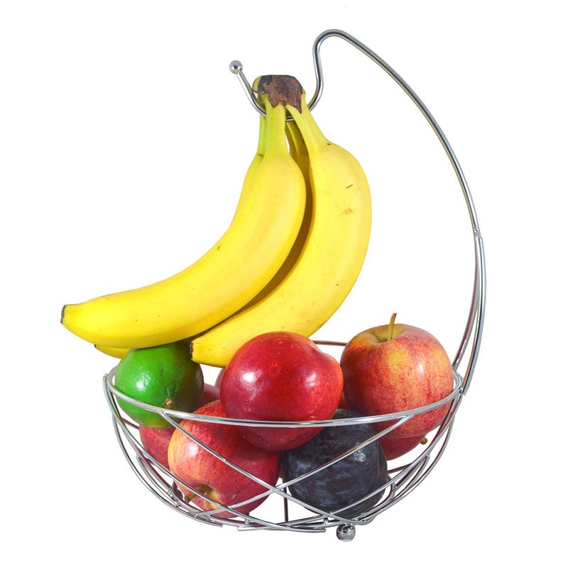 BNYD Chrome Fruit Bowl with Banana Holder â€“ 14" Countertop Wire Basket with Banana Hook, Modern Fruit Basket with Banana Tree Hanger for Kitchen Table or Island Storage - Image 2